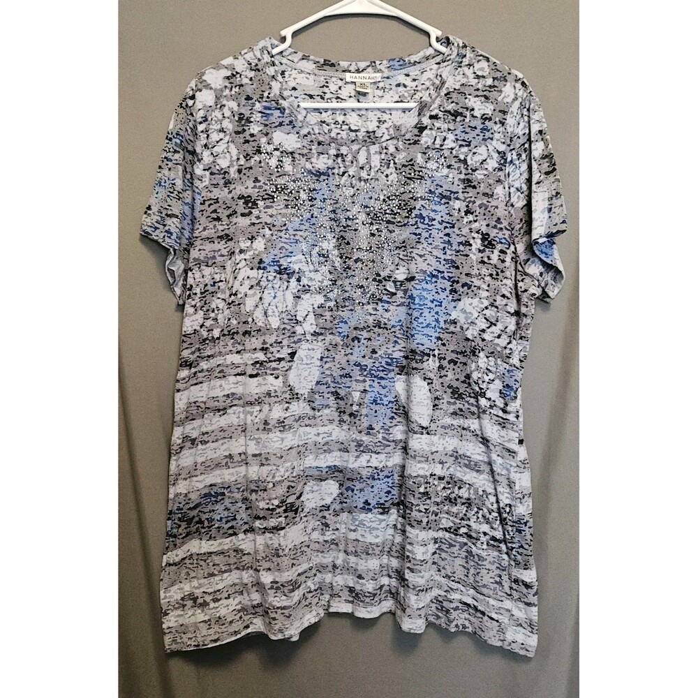 Hannah Womens XL Short Sleeve Rhinestone Graphic Top Gray Blue Casual Shirt